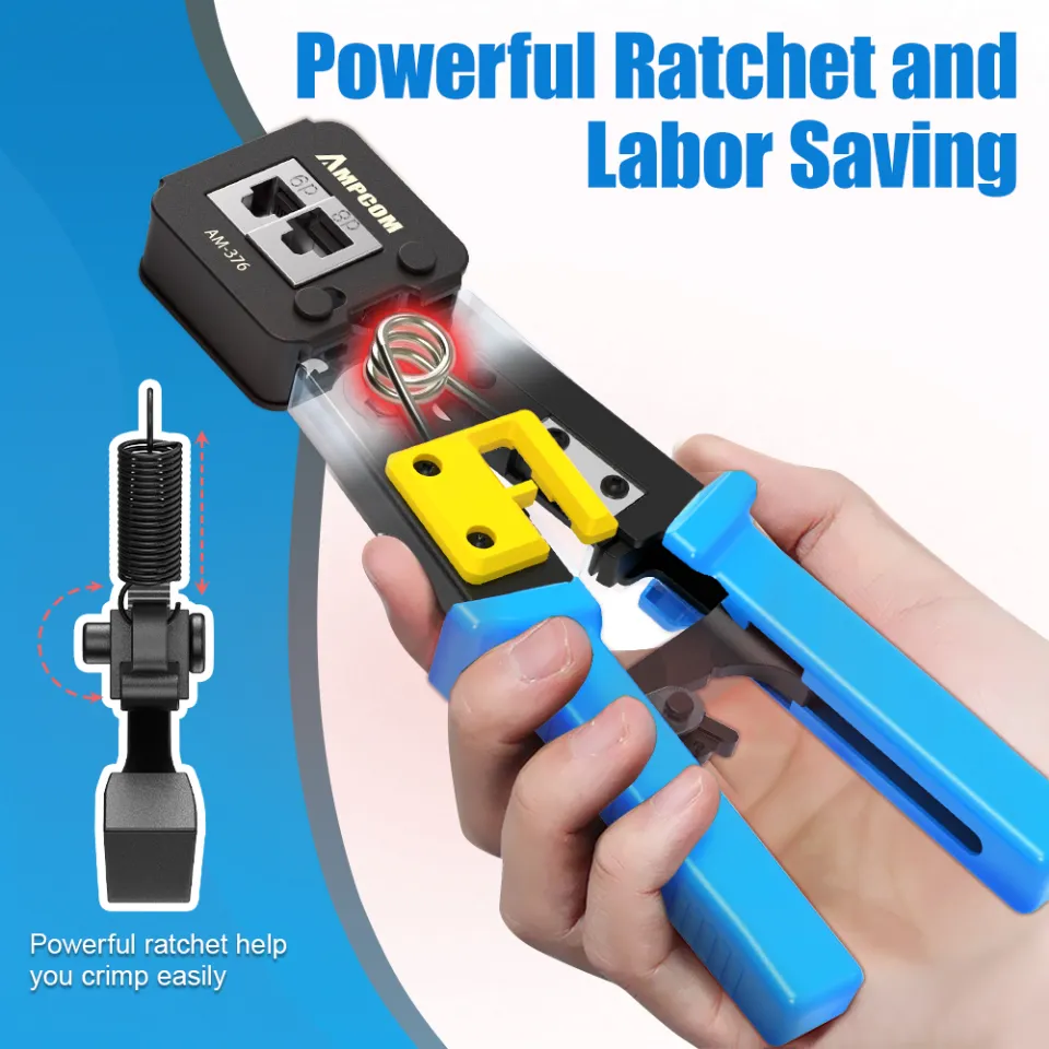 AMPCOM Ethernet Crimper Kit 9-in-1 Pass Through RJ45/RJ11 Netzwerk-Werkzeugsatz Kit für STP Cat7/6A UTP Cat6/5E/5 RJ45 Stecker mit 110 Punch Down Tool Wire Stripper in tragbarer wasserdichter Tasche