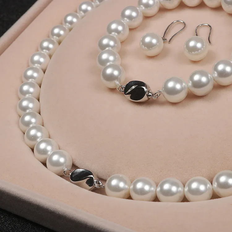 10mm White South Sea Shell Pearl Necklace Bracelet Earring Set - Silver Plated 18in