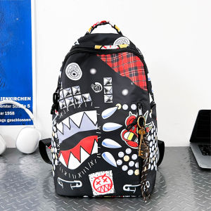 clu 2026 New Trendy Shark Graffiti Printed Backpack Casual Street Trendy Versatile Schoolbag ulc