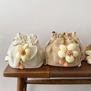 กระเป๋าเล็กทรงขนมจีบมีสายรูดขนาดเล็กอเนกประสงค์ฉบับภาษาเกาหลีกระเป๋าสะพายพาดลำตัวผ้าใบสำหรับผู้หญิง Instagram ถุงผ้าน่ารักลายดอกไม้ญี่ปุ่น