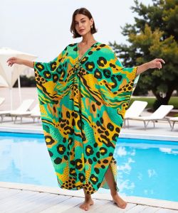 New 2026 Womens Cotton Beach Cover Loose Kaftan Dresses for Women Wave Neck Swimsuit Cover Up Caftan Dress Plus Size irrized Long Beach Dress