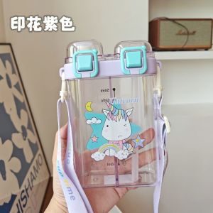 clu Cartoon Split Compartment Water Bottle Dual Drinking Lids Portable Strap Straw Cup Leakproof ulc