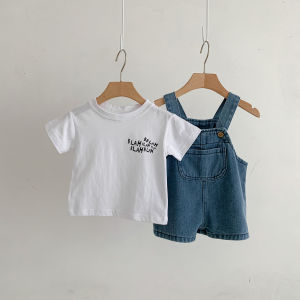 (Set) New Summer Childrens Denim Overalls and White T-Shirt Two-Piece Set for Boys and Girls
