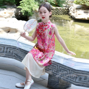 DSF Studio Red Girls Cheongsam Dress Chinese Style Improved Guzheng Childrens Hanfu Dress Summer New Chinese Tang Style Skirt