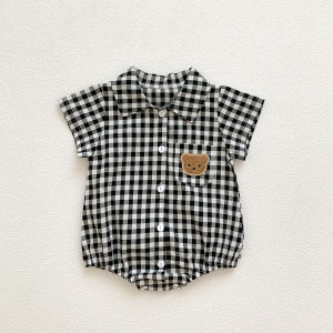 New Korean style plaid romper for boys made of pure cotton perfect for summer. Stylish polo shirt with bear design short-sleeved romper for babies.
