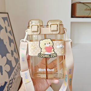 clu Cartoon Split Compartment Water Bottle Dual Drinking Lids Portable Strap Straw Cup Leakproof ulc