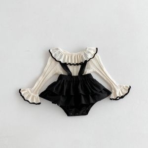 (ชุด) ชุดเอี๊ยมคอปกปีเตอร์แพนถักนิตติ้งสำหรับเด็กผู้หญิงฤดูใบไม้ร่วงใหม่ เสื้อสเวตเตอร์เด็ก เสื้อผ้าเด็กทารก