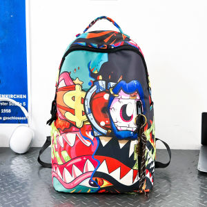 clu 2026 New Trendy Shark Graffiti Printed Backpack Casual Street Trendy Versatile Schoolbag ulc