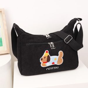 FQ1 Corduroy Shoulder Bag For Women Vintage Style Cartoon Dog Print Leisure Commuter Crossbody Bag QF1