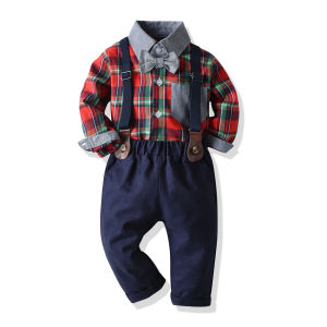 【Midnight store】 Childrens Christmas Suits Long-sleeved Cotton Plaid Shirts Christmas Eve Bib Pants Clothing