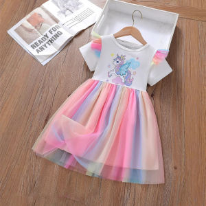 Girl Unicorn Cartoon Print Dress Kids Princess Dresses Girls Mesh Tulle Party Dress 3-8 Yrs