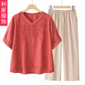 Tencel And Linen Women's Set, Embroidered Short-Sleeve T-Shirt, 2025 Summer New Middle-Aged Mom Two-Piece Set With Pants And Top. 