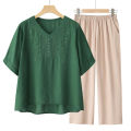 Tencel And Linen Women's Set, Embroidered Short-Sleeve T-Shirt, 2025 Summer New Middle-Aged Mom Two-Piece Set With Pants And Top. 