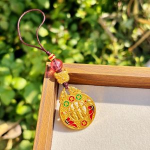 已开光 招财 沙金双鱼算盘五福吊坠配饰霸气中国风钥匙扣礼物 Shajin Double Fish Abacus Five Blessings Pendant Accessory - Rugged Chinese Style Keychain Gift