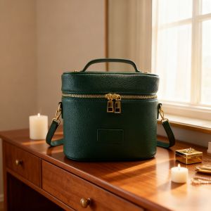 PU Leather Cosmetic Bag Portable Large Capacity Travel Makeup Bag with Multi Compartments. Brown and black cylindrical bags with gold zippers and handles.