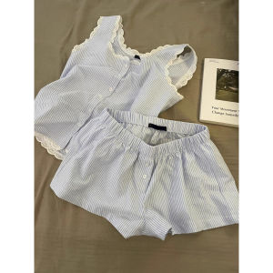 Đám mây bông gạc áo yếm vest đồ ngủ Womens cô gái mùa hè Đồ Ngủ Ren Set Ins nóng ngọt ngào nhà quần áo cao cấp cảm giác sọc xanh dương đồ ngủ