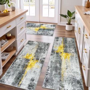 Abstract Ink Splash Kitchen Mat Three-Piece Set American Retro Kitchen Carpet Home Dirt-Resistant Combo Mat 抽象泼墨厨房地垫三件套 美式复古厨房地毯 家用耐脏组合垫 FUNIANQI