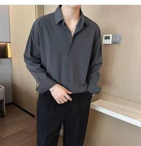 LEMON drape black ice silk short-sleeved shirt mens ruffian handsome summer trendy casual loose white shirt jacket top anti-wrinkle