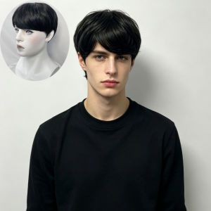 Wig Mens Short Hair Korean Version Handsome Mens Short Straight Hair Qi Bangs Student Fluffy Daily Full Headgear