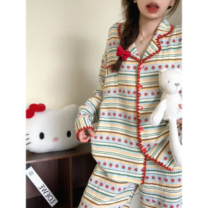 Ins Hot Strawberry Printed Cloud Cotton Gauze Pajamas for Women Girl Spring and Autumn Long Sleeved Pajamas Set Cute Sweet Striped Home Clothes