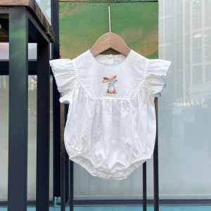 Pure cotton baby summer new style bunny embroidered romper for little girls full moon and 100-day clothes princess romper with flutter sleeves thin style