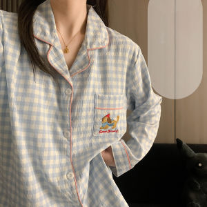 Ins Korean Plaid Sleepwear Womens Spring and Autumn Long Sleeved Pijama Set Plus Size New Cardigan Nightwear Home Clothes Can Be Worn Outside