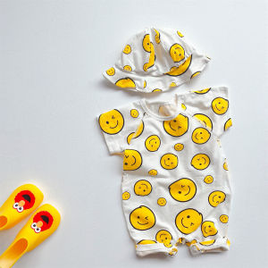 Baby clothes for 0-2 years old boys and girls onesie with all-over smiley face print breathable and soft plus a hat.
