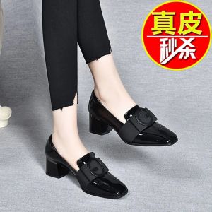 方扣鞋真软皮单鞋女夏中跟粗跟女鞋春秋英伦风方头小皮鞋