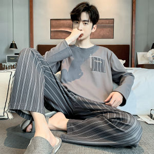 Mens Cotton Long-sleeved Pajamas Autumn and Winter Cartoon Casual Loose Plus Size Youth Outerwear Homewear Set