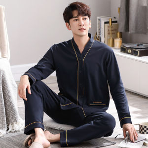 Mens Cotton Long-sleeved Casual Cardigan Pajama Set for Spring and Autumn Loose Fit Plus Size