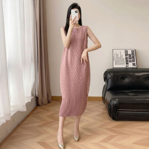 KESHANGYI Womens Elegant Pleated Sleeveless Maxi Dress Solid Round Neck Asymmetric Summer Long Dress 7001