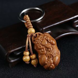 已开光 招财钥匙扣 Creative Peach Wood Single Fox-shaped Amulet Keychain Gift 创意桃木单貔貅挂件吊坠浮雕木质工艺品摆件神兽龙之九子钥匙礼品
