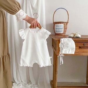 Summer baby girl waffle lace bodysuit with flutter sleeves thin hooded romper newborn clothes + hat