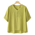 Tencel And Linen Women's Set, Embroidered Short-Sleeve T-Shirt, 2025 Summer New Middle-Aged Mom Two-Piece Set With Pants And Top. 