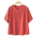 Tencel And Linen Women's Set, Embroidered Short-Sleeve T-Shirt, 2025 Summer New Middle-Aged Mom Two-Piece Set With Pants And Top. 