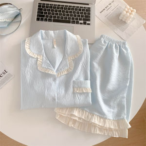Large Size Solid Color Cloud Cotton Gauze Pajamas for Women Summer Thin Short Sleeved Pyjamas Set Female Girls Ins Style High-end Lace Home Clothes
