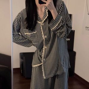 Lace Plaid Sleepwear Womens Spring Autumn Long Sleeved Pijama Set Ins Korean Home Clothing New Large Size Can Be Worn Outside