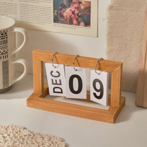 RA Wooden Perpetual Flip Desk Calendar Reusable Month Date Page Turning Calendar Rustic Wood Tabletop AR