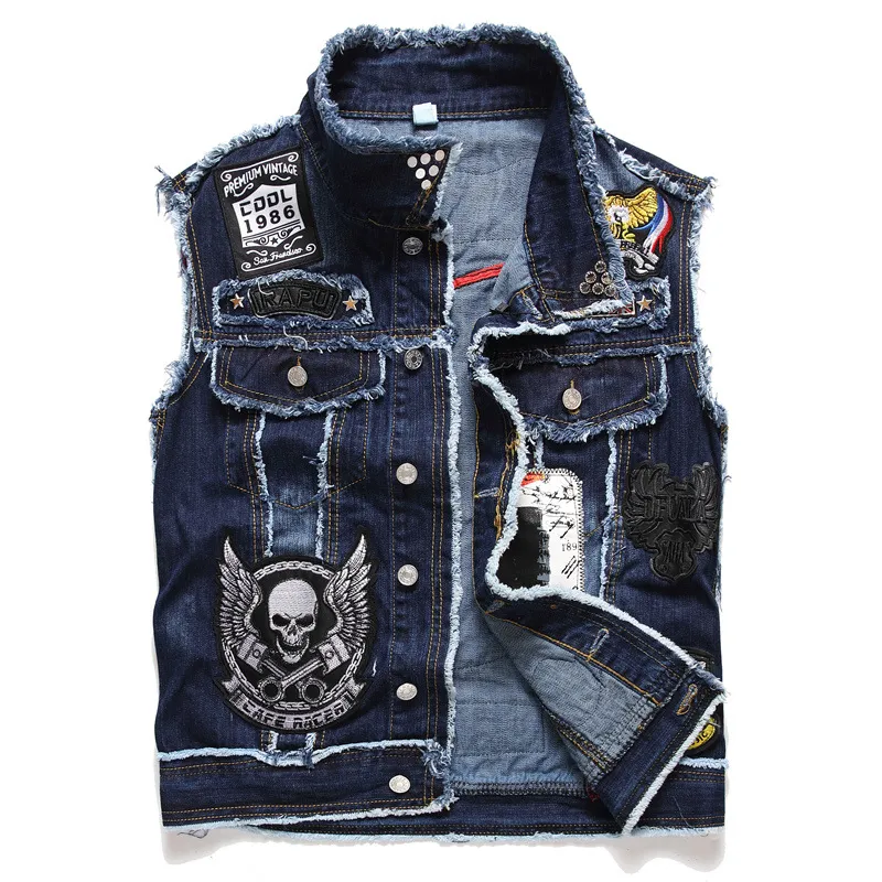 BIZOT 2022 Mens Punk Denim Vests Black Skull Embroidery Denim