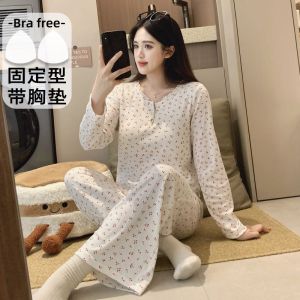 Womens Spring and Autumn New Cotton Sleepwear with Chest Cushion Korean Sweet Floral Long Sleeved Pajamas Set Female Sweet Home Wear Clothes