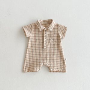 Baby short-sleeved bodysuit summer thin style newborn clothes plaid baby boys onesie short romper.