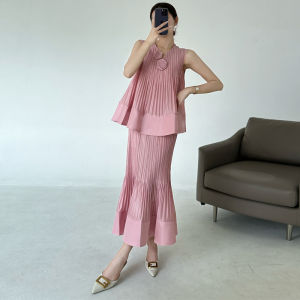 KESHANGYI Womens Elegant Pleated 2 Piece Set Top and Mermaid Skirt Elegant Premium Long Skirt Suit 7001