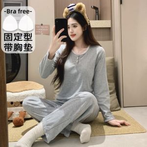 100% Pure Cotton Sleepwear Women Spring Autumn Crew Neck Long Sleeved Pajamas with Padded Ins Style Solid Colors Casual Home Suit Set Can Be Worn Outside