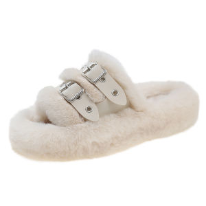 Autumn and winter indoor home thick-bottomed fluffy slippers womens muffin bottom belt buckle one-word drag H260617