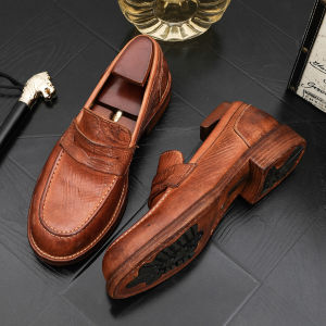 Premium washed disabled horse hip leather Goodyear business casual leather shoes retro leather thick-soled one-pedal loafers