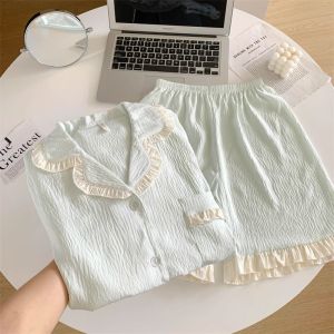 Large Size Solid Color Cloud Cotton Gauze Pajamas for Women Summer Thin Short Sleeved Pyjamas Set Female Girls Ins Style High-end Lace Home Clothes