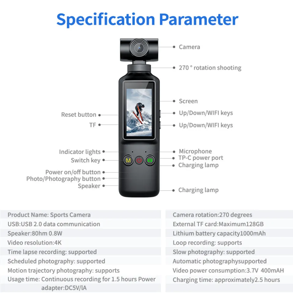 LORDWEY | X8 Pocket Sports Camera 4K HD Mini Handheld Camera Outdoor Camera WIFI Rotatable