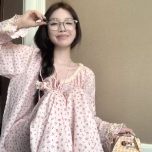 Pink Sweet Girls Pajama Set Womens Spring and Autumn New Floral Round Neck Long Sleeve Long Pants Sleepwear Two Piece Set Loose Home Clothes