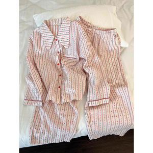Spring Autumn French Striped Sleepwear Woman Long Sleeved Pajamas Set with Cloud Cotton Gauze Loose Home Wear Large Size Pijama Set