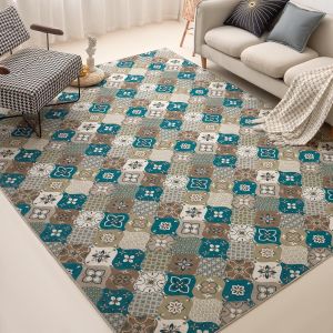 Minimalist Light Luxury Plaid Carpet Living Room Carpet American Style Floral Tile Phoenix Decorative Carpet Stain-Resistant Wear-Resistant Bedroom Bedside Rug 简约轻奢格子地毯 客厅地毯 美式花砖凤装饰地毯 耐脏耐磨卧室床边毯 FUNIANQI